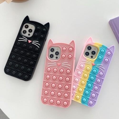 Relive Stress Phone Case For iPhone 12 11 Pro X XR XS Max 12 mini 6 7 8 Plus SE 2 Pop Fidget Toys Push Cat Soft Silicon Case