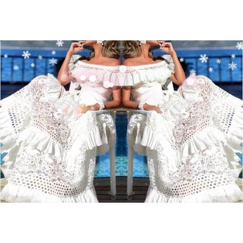 New Women Sexy Off Shoulder Hollow Out Bohemian Dress Fashion Pretty Lady Strapless Dress Floor-Length Sheath Lace Ruffles Dress