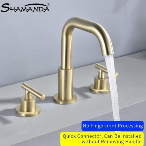 New Bathroom Solid Brass Black Brushed Gold Basin Faucet 3pcs Cold and Hot Water Mixer Sink Tap