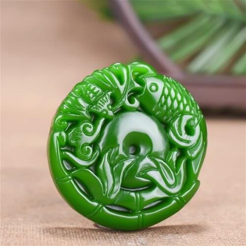 Carp Bat Natural Green Jade Pendant Necklace Chinese Carved Charm Jadeite Jewellery Fashion Amulet for Men Women Lucky Gifts