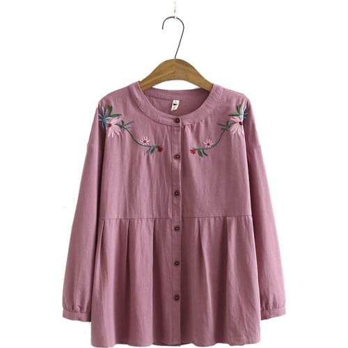 Plus Size XL-4XL Womens Drop Shoulder Blouse Cotton&Linen Floral Embroidery Tops Large Size Simple Shirts