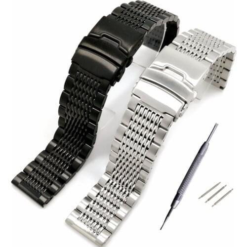 20/22/24mm HQ Shark Mesh Silver Black Stainless Steel Watchband Replacement Bracelet Men Folding Clasp Safety Watch Band Strap