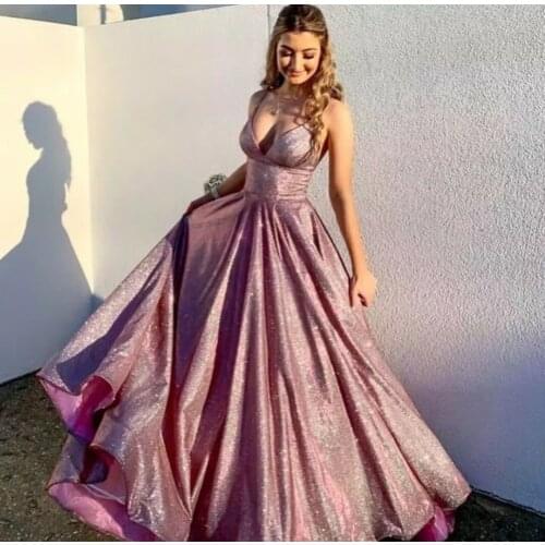 Sexy Long Deep V-Neck A-Line Glitter Evening Dresses with Pockets Pink Open Back Abendkleider Formal Party Gown for Women