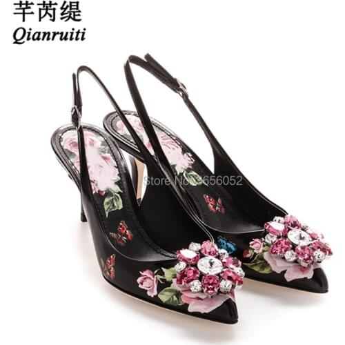 Qianruiti Rose Print Slingback Strap Semi-precious Gemstones Mid High Stiletto Heel Party Wedding Shoes Black Pink Crystal Pumps
