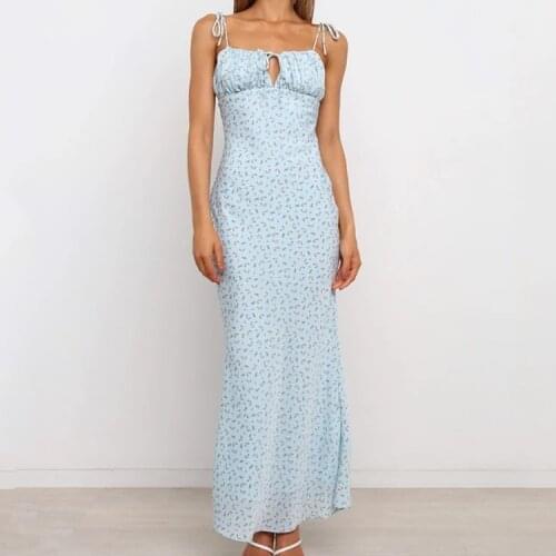 Wsevypo Summer Folral Suspender Beach Dress Elegant Vintage Sleeveless Lace-up Front Slip Party Maxi Dress Wrap Bodycon Sundress