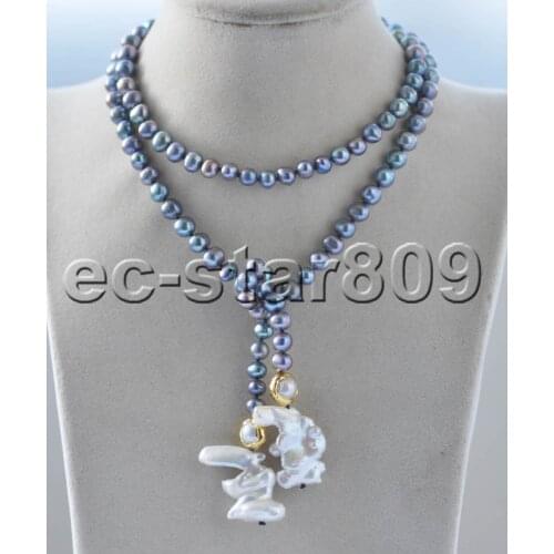 Z11142 33" 24mm White Baroque black Round Pearl Necklace Pendant