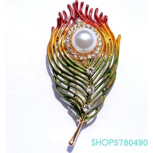 Elegant Jewelry Rhistone Peacock Feather Brooch Painted Brooch Pearl Breast Pin Multi Color Garments Ladies Dress Accessories