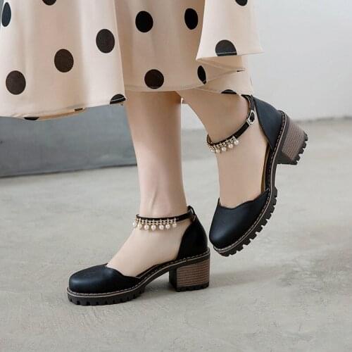 YMECHIC New Black Beige Chunky Heels Ankle Strap Crystal String Bead Block Heel Shoes Women Pumps Summer 2019 Ladies Shoes
