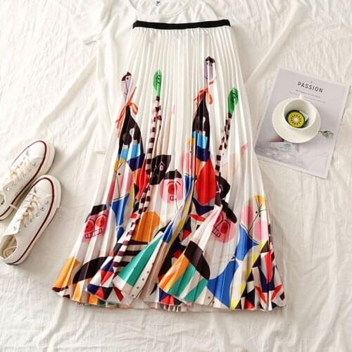 Summer womens printed pleated skirt large swing girl tide long cartoon print high waist slimming organ pleated skirt WA263