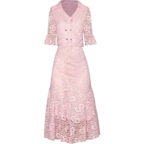 Runway Fashion Women Pink Lace Clothes Set Double Breasted Buttons Crop Top Blouses + Tight Bodycon Mermaid Midi Skirt