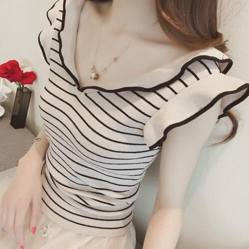 Women Corset Tops Vest Womens Summer V-neck Knitted Ruffled Striped Sleeveless Top T-shirt Tank Camis Crop Top For Women
