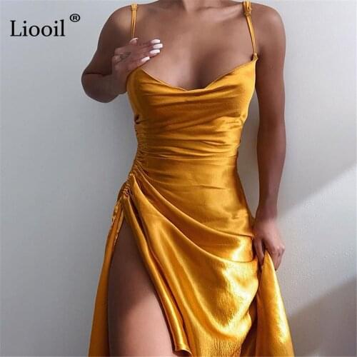 Liooil Drawstring Ruched Satin Slit Midi Slim Dress Women New 2021 Sleeveless High Waist Gold Green White Party Sexy Dresses