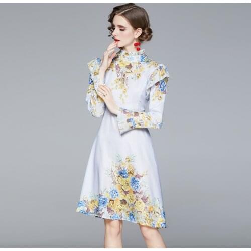 Designer Autumn Runway Dress Women Charming Floral Print Elegant Long Flare Sleeve Ruffles Princess Gentle Dress Vestido