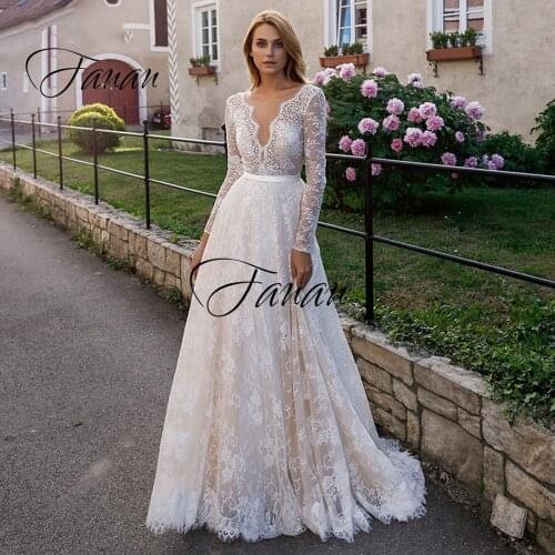 New V-Neck Long Sleeve Lace Appliques Backless A-Line Boho Beach 2021 Bridal Gown robe de soirée de mariage Свадебное платье