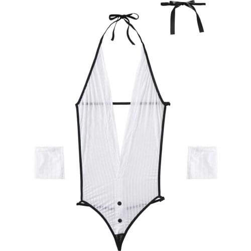 Women Striped Bodysuit Sexy Swimsuit One Piece Transparent Halter Deep V Neck Lace-up Backless Erotic Lingerie Catsuit Swimwear