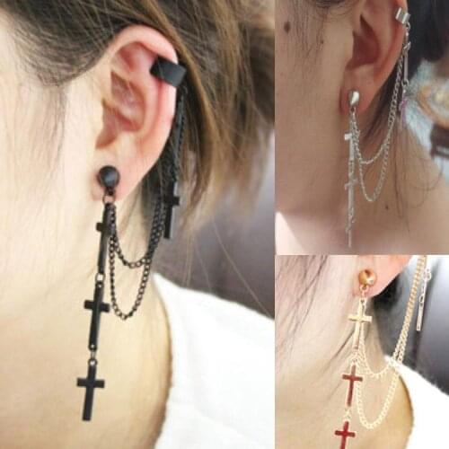 1pc Women Fashion Cool Punk Style Crosses Pendent Tassel Chain Ear Wrap Cuff Stud Clip Earring Gifts EAR-0172