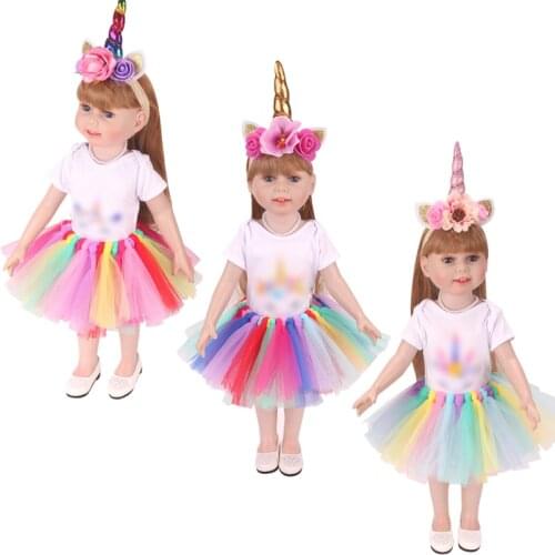 18 Inch American Doll Girls Dress Unicorn Suit + Rainbow Gauze Skirt Newborn Baby Toys Accessories Fit 40-43 Cm Boy Dolls c746