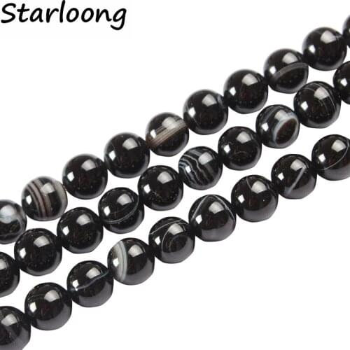 4-12mm Black Stripe Onyx Agata Natural Stone Beads Smooth Round Pick Size 15" Loose Strand Beads For DIY Jewelry Making Bracelet