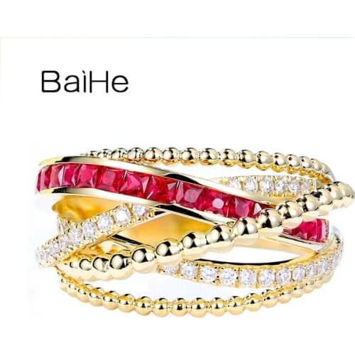 BAIHE Solid 14K Yellow Gold 0.70ct Square Cut Natural Ruby 0.20ct Natural Diamonds Fine Jewelry Engagement Gift Trendy Ruby Ring