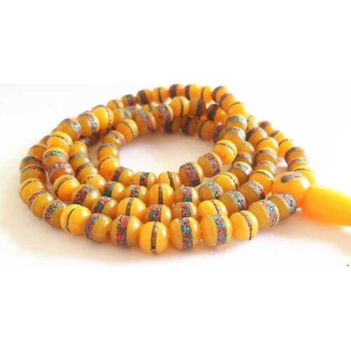 BRO572 Simulated Beeswax Beads Tibetan 108PCS Meditation Prayer Bead Mala 8mm 10mm Inlay Metal silk