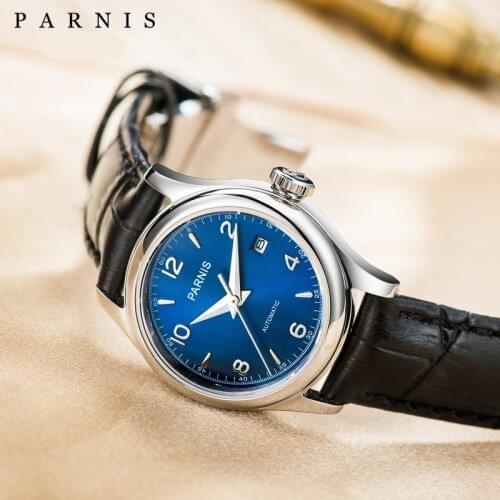 Fashion Mechanical Womens Watches 26mm Parnis Casual Automatic Ladies Watch Sapphire Crystal 100% Cowhide Leather Wristwatch