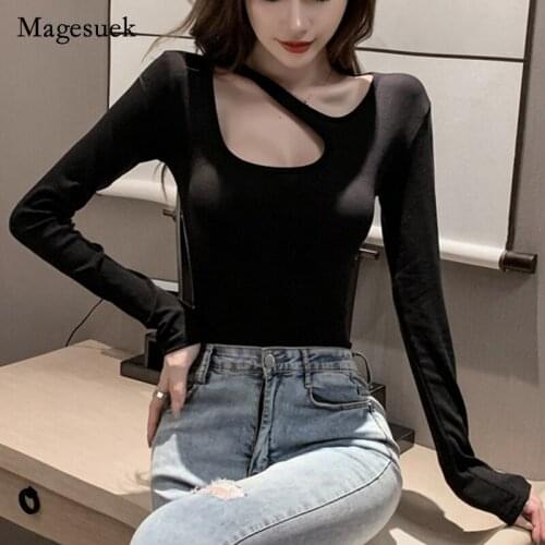 Sexy Solid Hollow Out Long Sleeve T-shirt Retro 2021 Autumn New Korea Fashion T-shirt Slim Irregular Elegant Shirt Blusas 16522