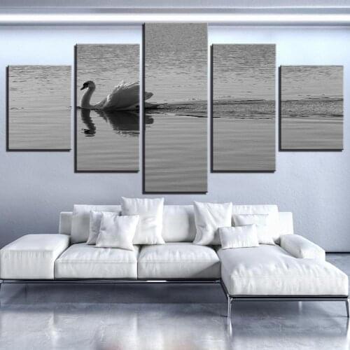 5 Pieces Swans Canvas Painting Birds Wallpapers Animals Posters Gray Pictures Swimming Swan For Home Room Decor Wall Art Frame