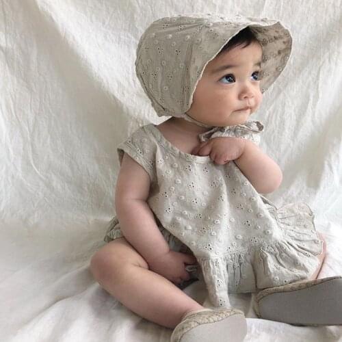 Baby Girl Clothes Set Korean Style Toddler Embroidered Sleeveless Top- Bloomer-Bonnet 3 Pcs Set 0-24M