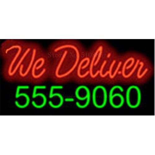 We Deliver with Phone Number NEON SIGN REAL GLASS BEER BAR PUB LIGHT SIGNS display Restaurant Shop Advertising Lights 17*14
