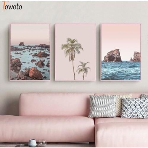 Wall Art Print Pink Landscape Coastline Canvas Painting Palm Reefs Nordic Decoration Picture For Living Room Home Decor Design