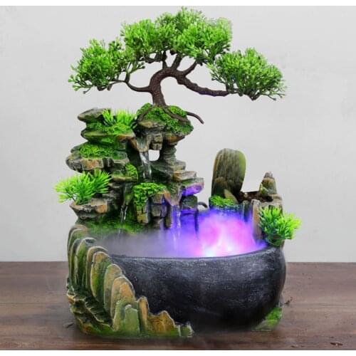 Hot Feng Shui Company Office Tabletop Ornaments Desktop Flowing Water Waterfall Fountain Resin Rockery LED Lights Spray Fountain