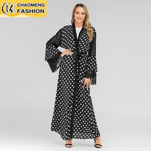New Arrival Middle East Womens Kimono Long Sleeve Floral Print Polka Dot kaftan Arabic Open Abaya Dubai Islamic Turkey Clothing
