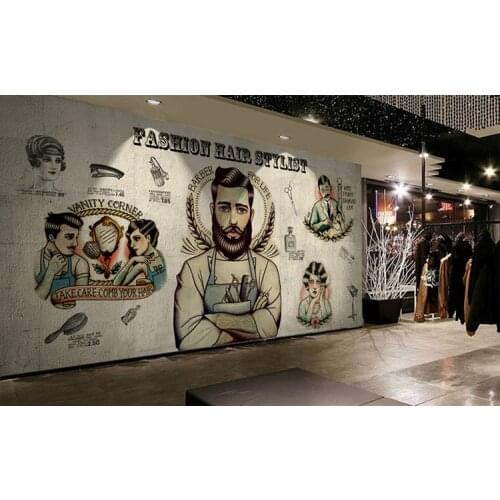 Hair salon wallpaper personality creative retro nostalgia beauty salon barber shop decoration retro style art decoration wall