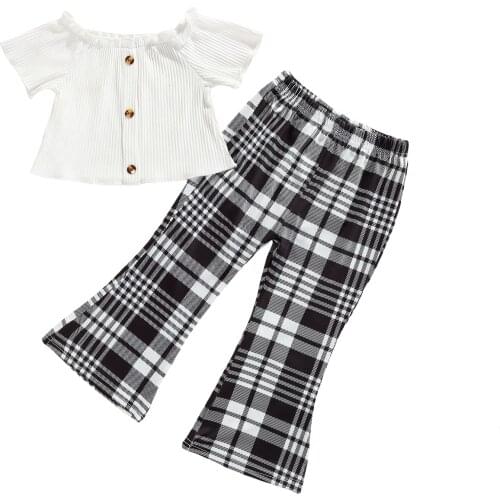 1-6Y Toddler Kids Baby Girl Short Sleeve White T-shirt Tops Plaid Flared Pant Bottom 2PCS Summer Clothes Set