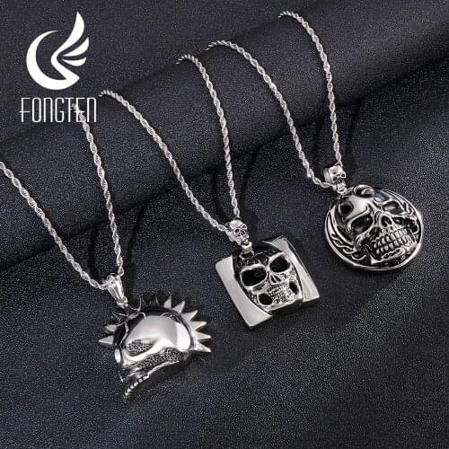 Fongten Gothic Style Punk Skull Pendant Necklace Stainless Steel Hip Hop Statement Necklaces for Men Male Boho Jewelry