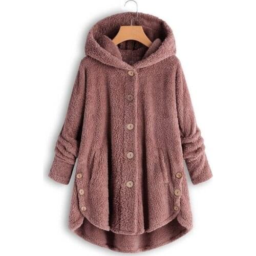 Mazefeng Elegant Loose Thick Coat Women Autumn Winter Warm Soft Fur Jacket Female Plush Overcoat Button Casual Outwear Hooded