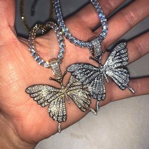Punk Shiny Zircon Big Butterfly Pendant Necklace Hip Hop Thick Cuban Chains Choker Tennis Chain Necklace For Women Party Jewelry