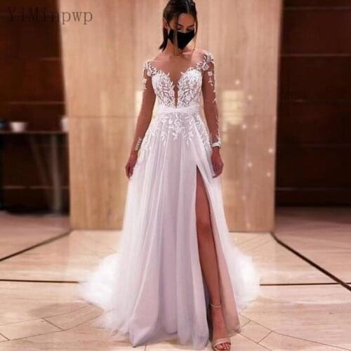 YiMinpwp Long Sleeve Wedding Dresses for Bride Sheer Neck Covered Button Sweep Train Illusion Bodice Appliques Bridal Gowns