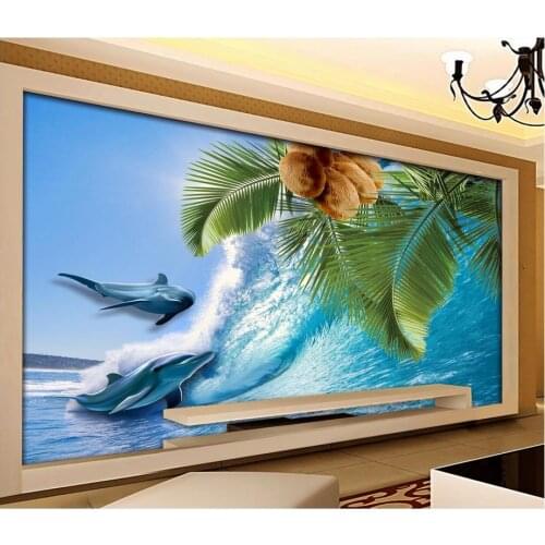 Custom 3d photo wallpaper 3d wall murals wallpaper HD Coconut Tree Dolphin Fresh Mediterranean mural Background Wall Painting