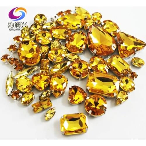 Sell at a loss!! 68pcs/pack Golden yellow mix size top-level glass crystal material sew on rhinestones,diy wedding decoration