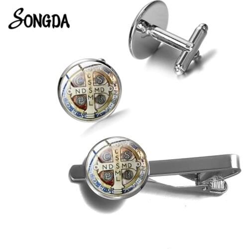 Lucky Saint Benedict Medal Cross Tie Clips Men Cufflinks Brass Glass Cabochon Cuff Links Tie Bar Clip Religious Catholic Jewelry