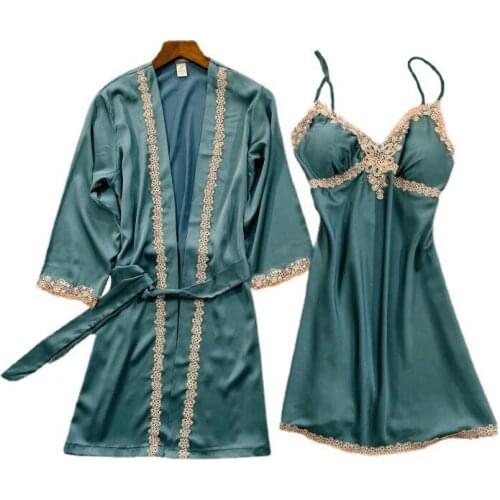 Sexy Satin Lace Robe Gown Sets Womens 2PCS Bathrobe Nightgown Kimono Sleep Suit Summer Casual Nighty Sleepwear Nightdress