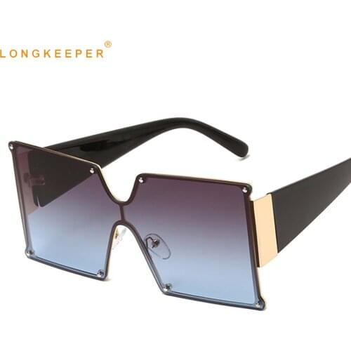 LongKeeper Oversized Sunglasses Women Fashion Rivet Rimless Sun Glasses Female Vintage One Piece Square Gradient Eyewear Shades