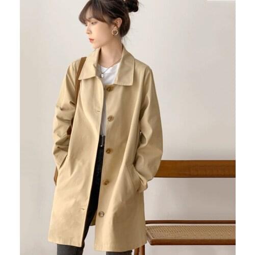 Single-Breasted Mid-Length Trench Coat Female Korean Basic Spring Autumn Casual Windbreaker Outerwear Student Coat Khaki Black