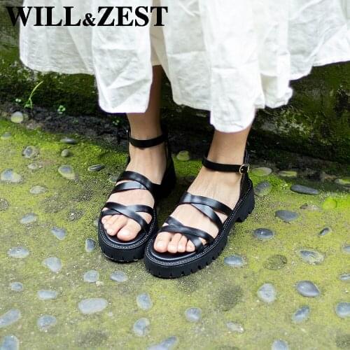 WILL&ZEST Platform Gladiator Sandals Women Leather Chunky Flat Wedges Black Lolita Shoes Cute Summer Designer Luxury Block Heels