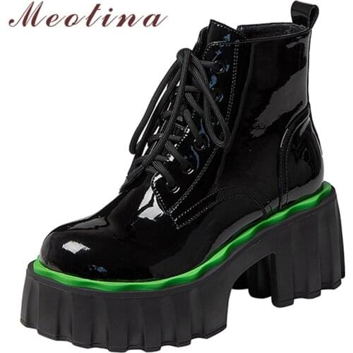 Meotina Women Patent Cow Ankle Leather Boots Thick High Heel Platform Boots Zipper Lace Up Ladies Boots 2021 Autumn Winter Green