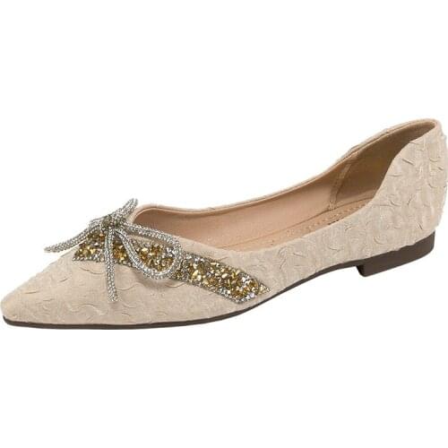 2021 Brand New Flats for Women Luxury Butterfly Knot Bling Pointed Toe Shallow Flat Shoes Female Wedding Party Work Boat Shoes