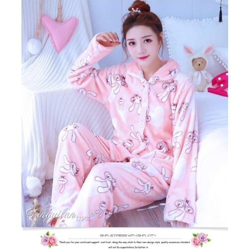 Lady Winter Warm Pajamas Long Sleeve Flannel Cardigan Coralline Homewear Female Coral Fleece Sleepwear Leisure Nightwear D-2103