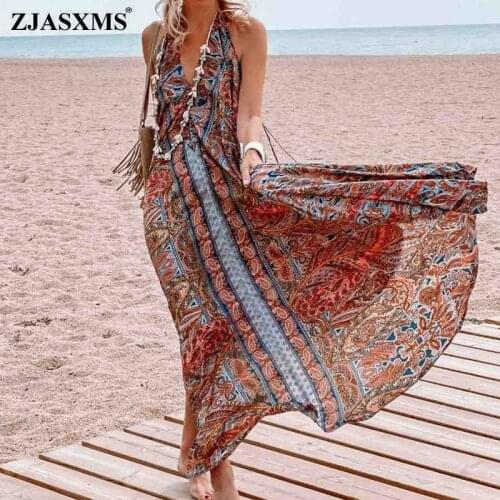 2021 Summer Boho Halter Tie-up Backless Long Dress Women Retro Floral Print Maxi Party Dress Spring Sleeveless Loose Beach Dress