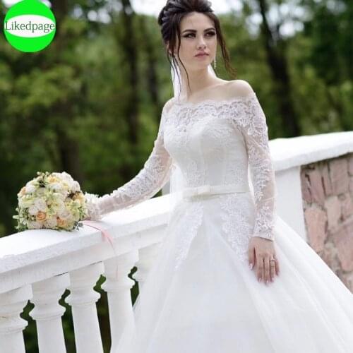 Long Sleeve Wedding Dresses 2021 Vestidos De Novia Lace Appliques Bride Gown Robe Mariage A Line Off The Shoulder Trouwjurk Boda
